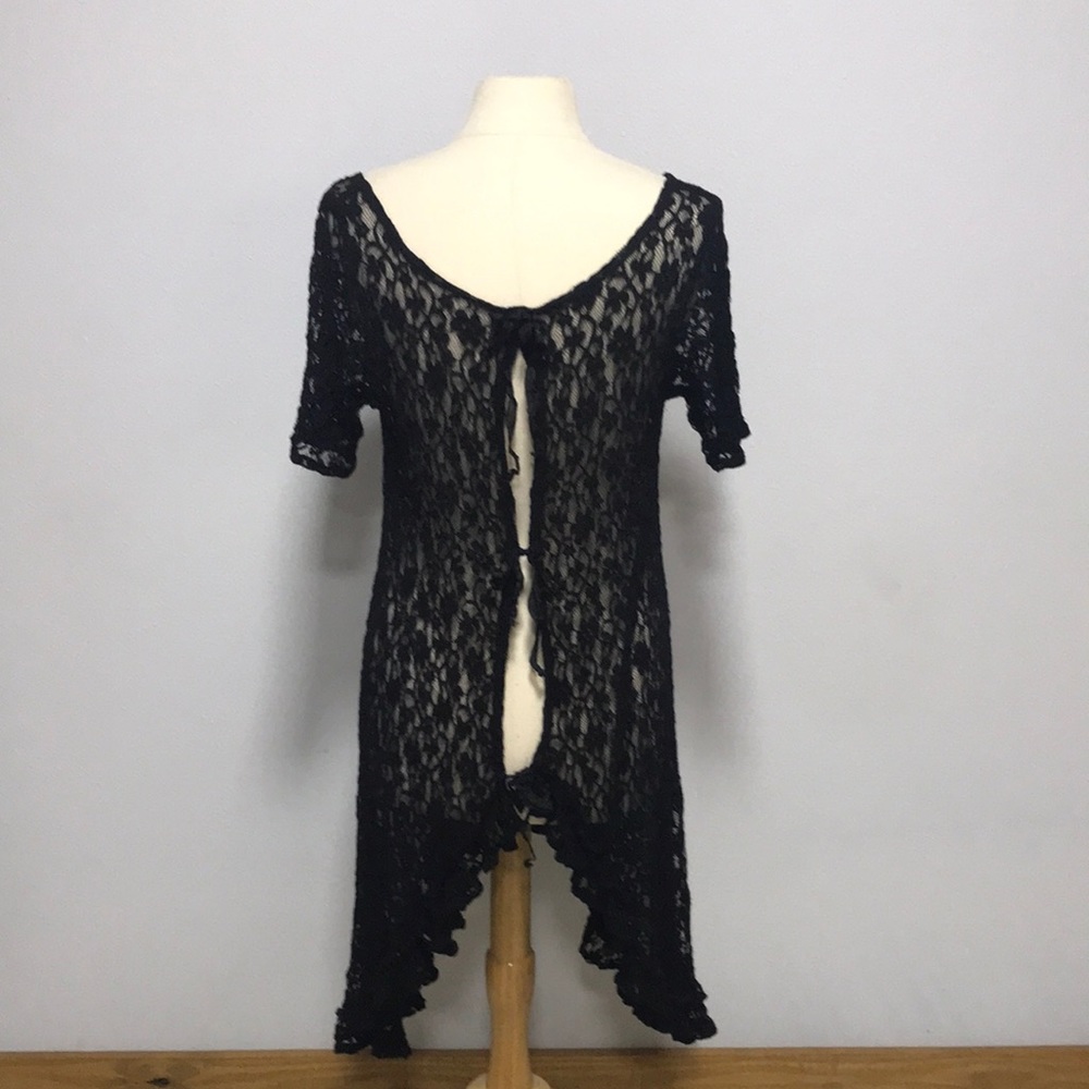 LAST CALL Black lace stretch high low ribbon tunic dress LG layering NFR boho - Picture 2 of 11